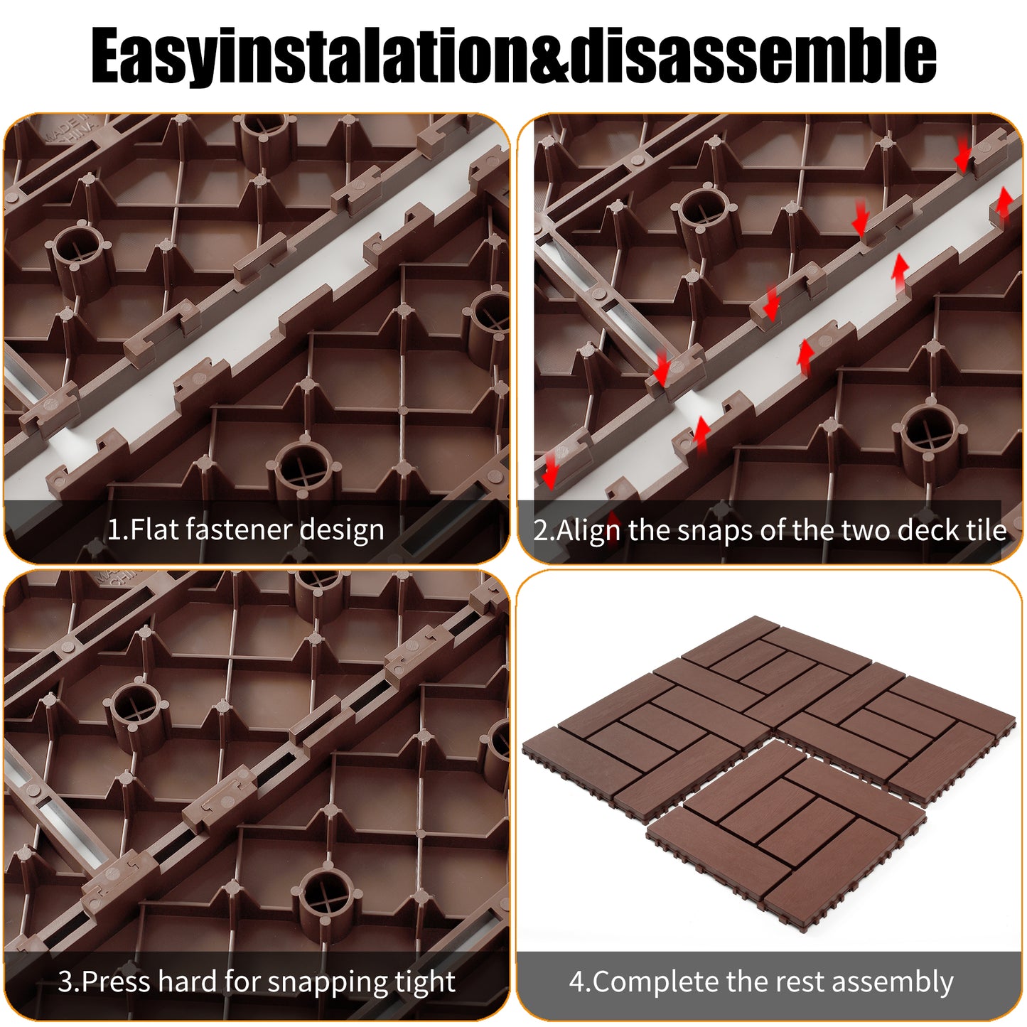 12-inch interlocking deck tiles, DIY modular interlocking decking floor tiles, indoor and outdoor floor tiles, courtyard floor tiles that easy to install quickly ,44 pieces, Brown