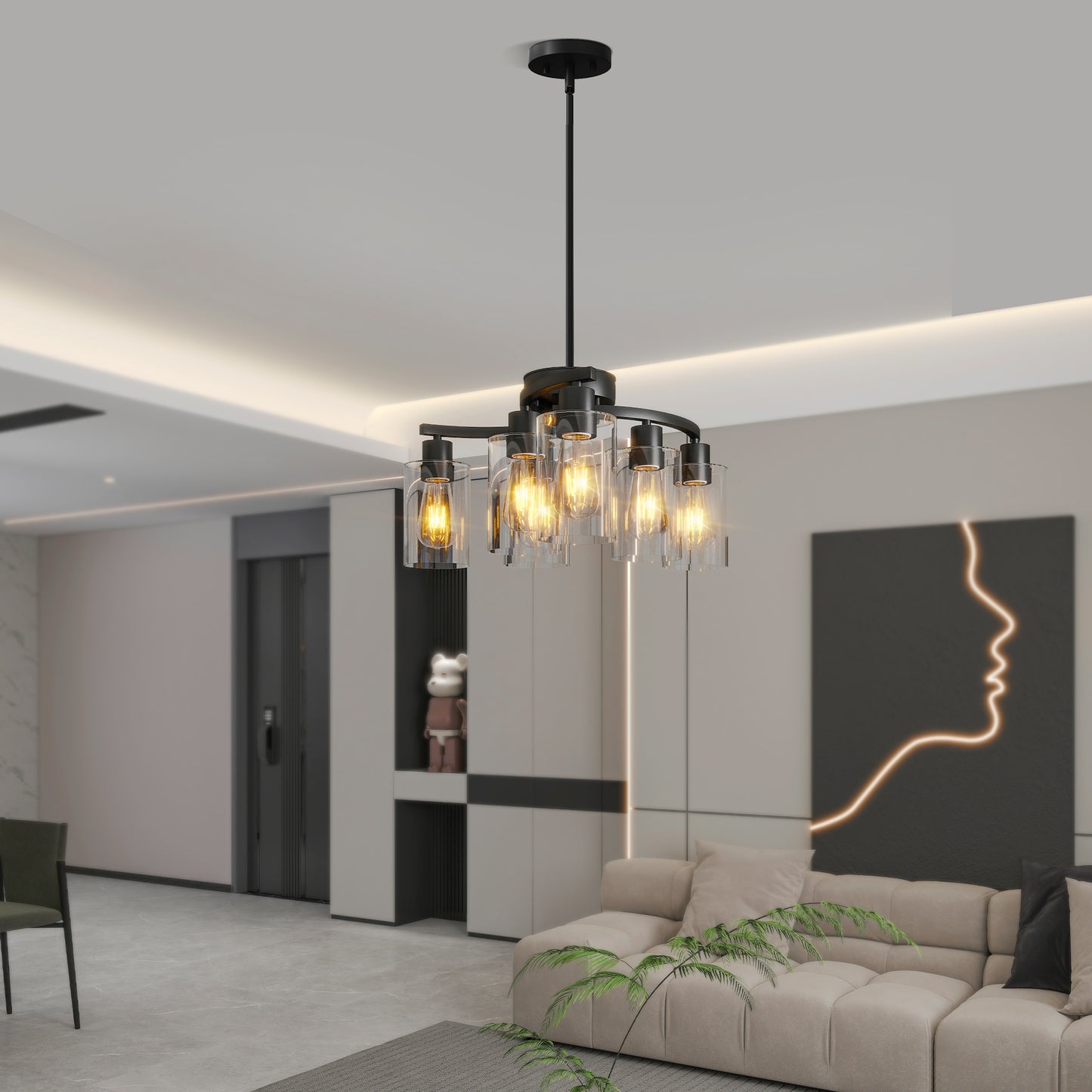 6-Light Modern Farmhouse Black Chandelier, Contemporary Dining Room Light Fixture, Adjustable Height Hanging Industrial Pendant Lights Kitchen Island, Clear Glass Shade
