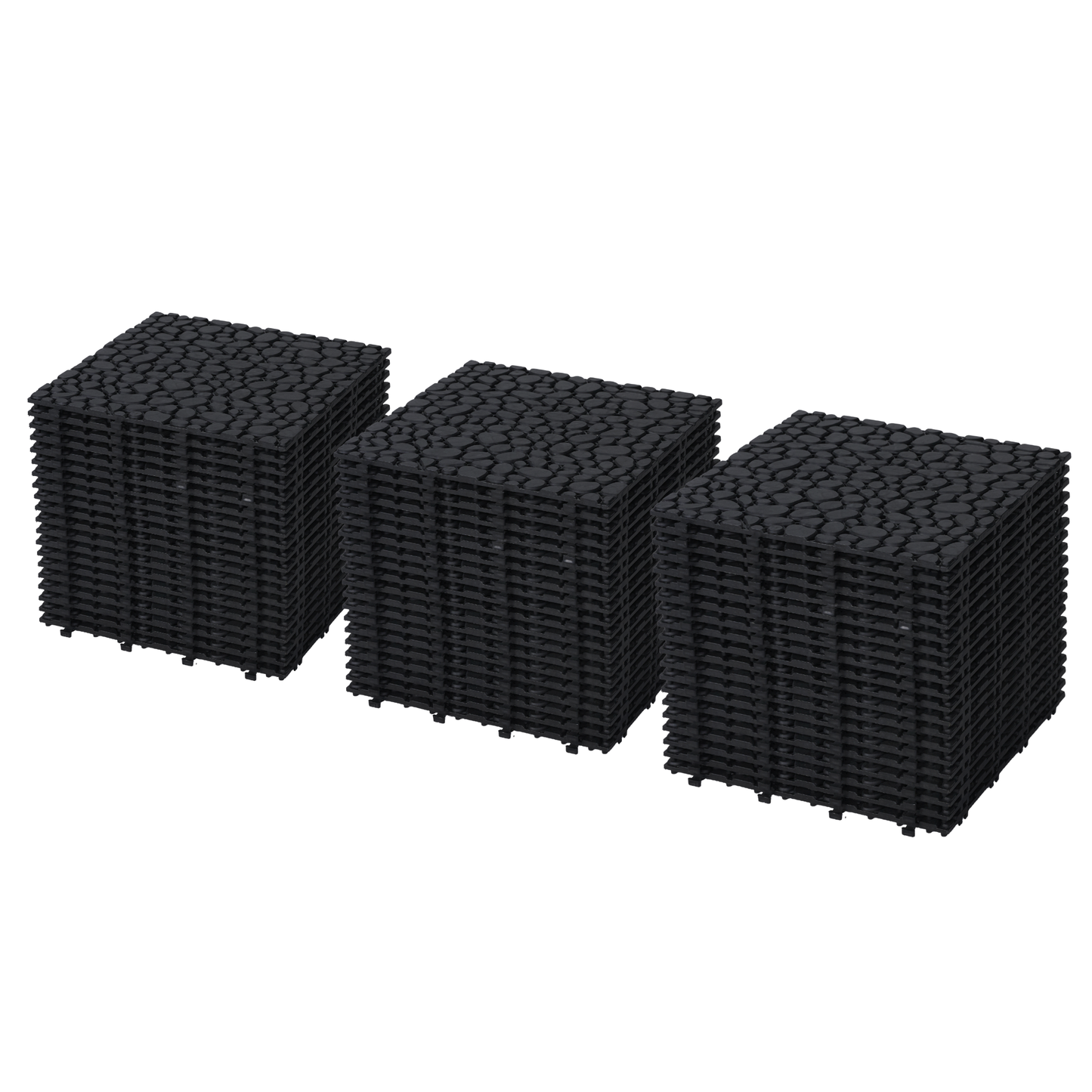 12 x 12 Inch Black Interlocking Deck Tiles Plastic Waterproof Outdoor All Weather Anti-slip Bathroom Shower Balcony Porch Strong Weight Capacity Upto 440 LBS, Pebble Stone Pattern Pack of 60