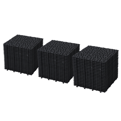 12 x 12 Inch Black Interlocking Deck Tiles Plastic Waterproof Outdoor All Weather Anti-slip Bathroom Shower Balcony Porch Strong Weight Capacity Upto 440 LBS, Pebble Stone Pattern Pack of 60