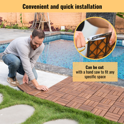 Acacia Wood Interlocking Deck Tiles Checker Pattern, 30 PCS  12" x 12" Square Acacia Hardwood Outdoor Flooring for Patio, Bancony, Pool Side