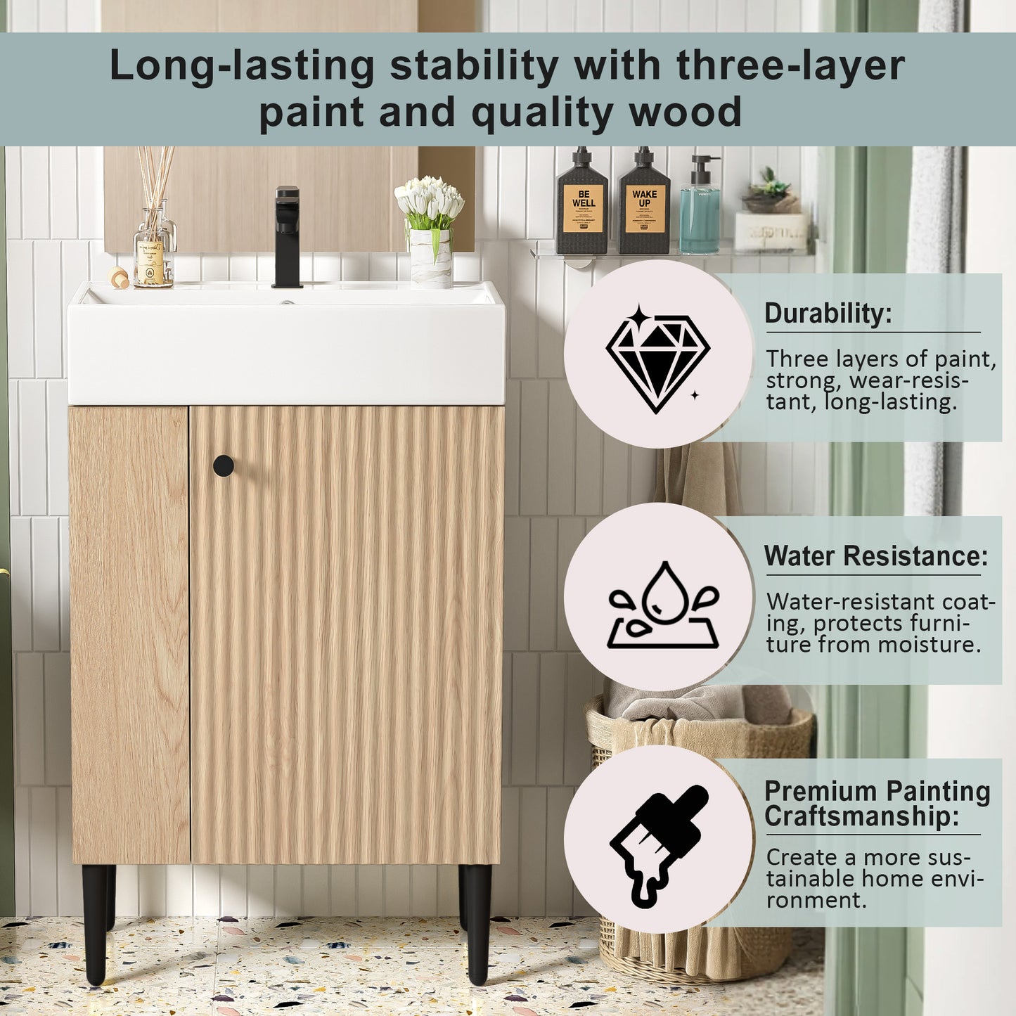 21.6" Wood Bathroom vanity, Combo Cabinet, Bathroom Storage Cabinet, Single Ceramic Sink, Left side storage