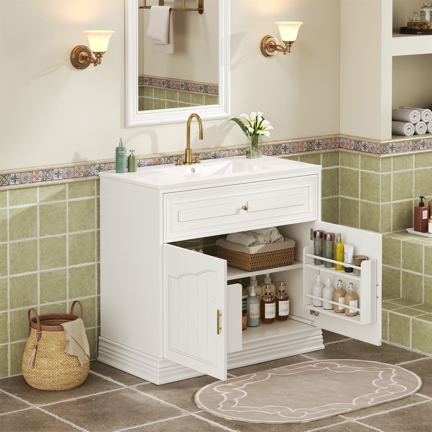 36" Luxurious Bathroom Vanity with Ceramic Sink, Bathroom Vanities Cabinet with 2 large Soft Closing Doors, Solid Wood Frame Bathroom Storage Cabinet