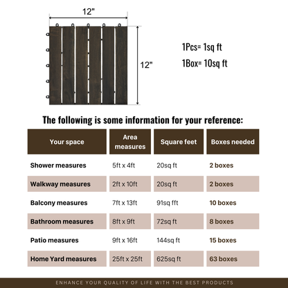 10 PCS Interlocking Deck Tiles Striped Pattern, 12" x 12" Dark Brown Square Acacia Hardwood Outdoor Flooring for Patio, Bancony, Pool Side