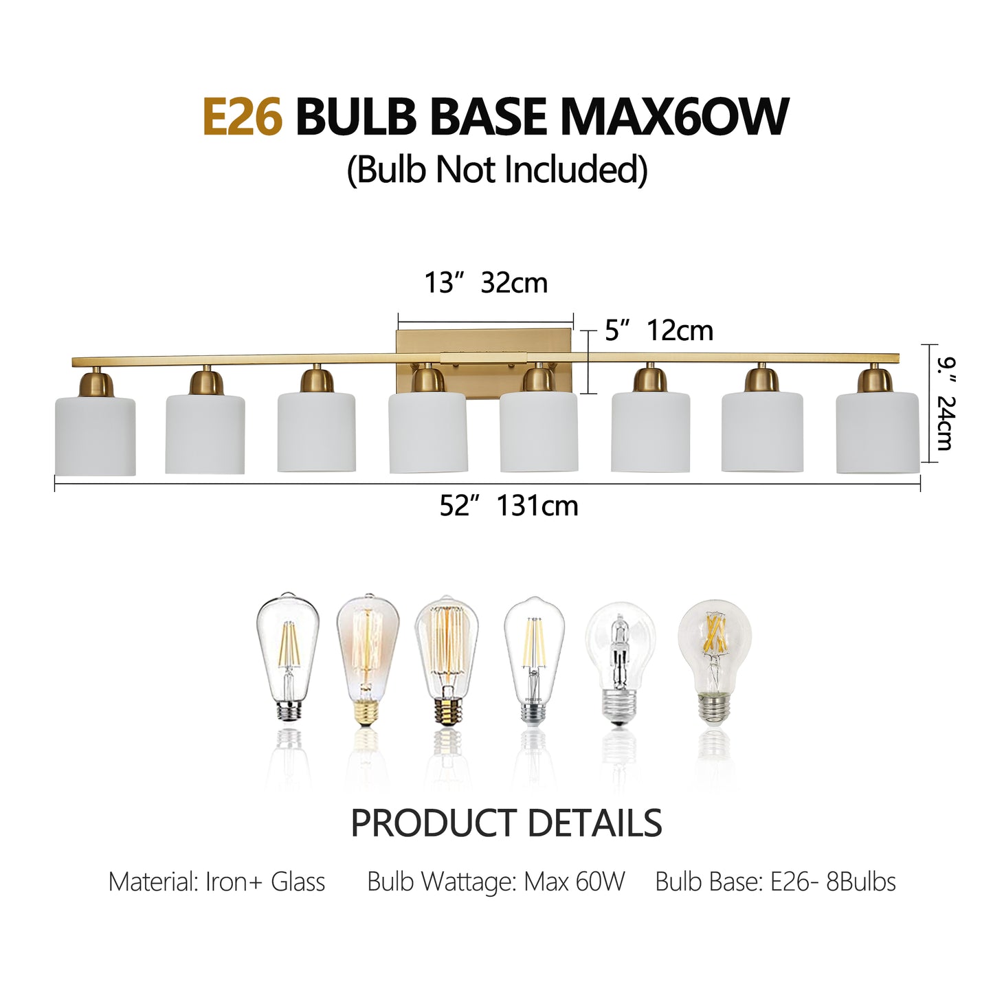 52inch Gold Bathroom Light Fixtures, Modern Bathroom Vanity Light with Milky White Glass Shade, Gold Wall Lamp Sconces for Mirror Bedroom, Living Room Hallway