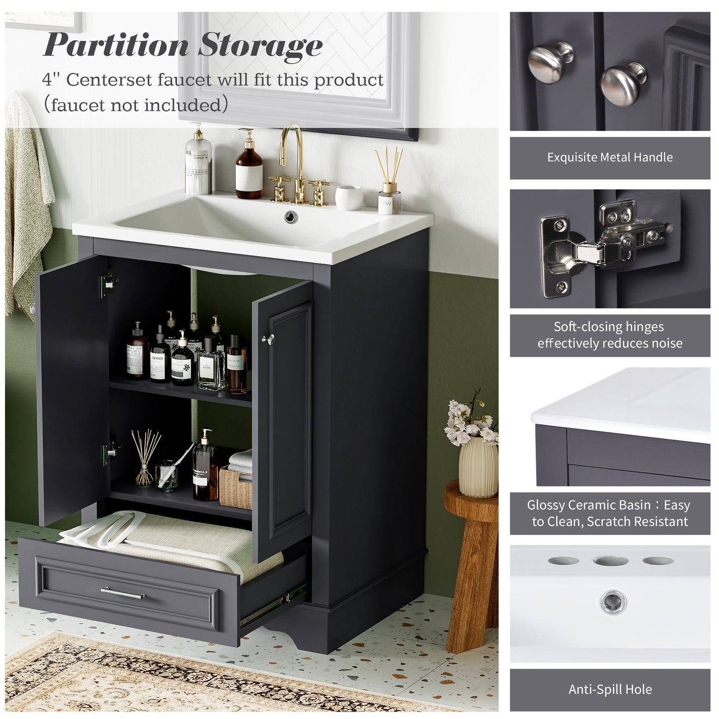24'' Bathroom Vanity with Ceramic Sink Combo, Modern Freestanding Storage Cabinet  with Silver Handles,  Soft Closing Doors
