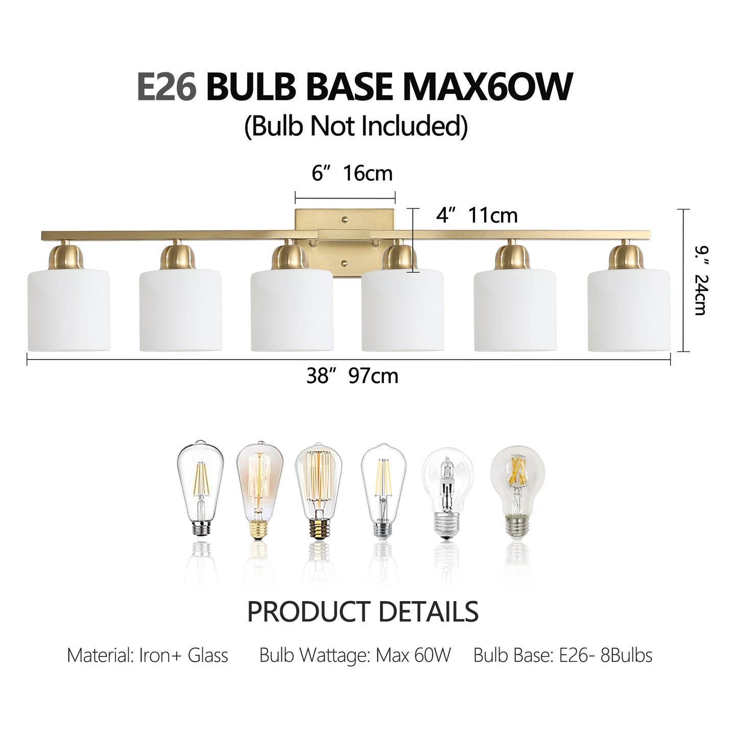 6 Light Gold Bathroom Vanity Light, Gold Bathroom Light Fixtures, 38" Modern Brushed Gold Vanity Lighting Fixtures for Bathroom Over Mirror, Gold Sconces Wall Lighting for Bedroom Living Room