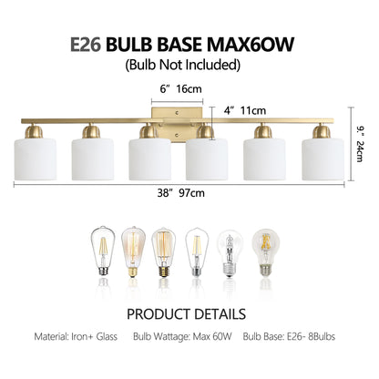 6 Light Gold Bathroom Vanity Light, Gold Bathroom Light Fixtures, 38" Modern Brushed Gold Vanity Lighting Fixtures for Bathroom Over Mirror, Gold Sconces Wall Lighting for Bedroom Living Room