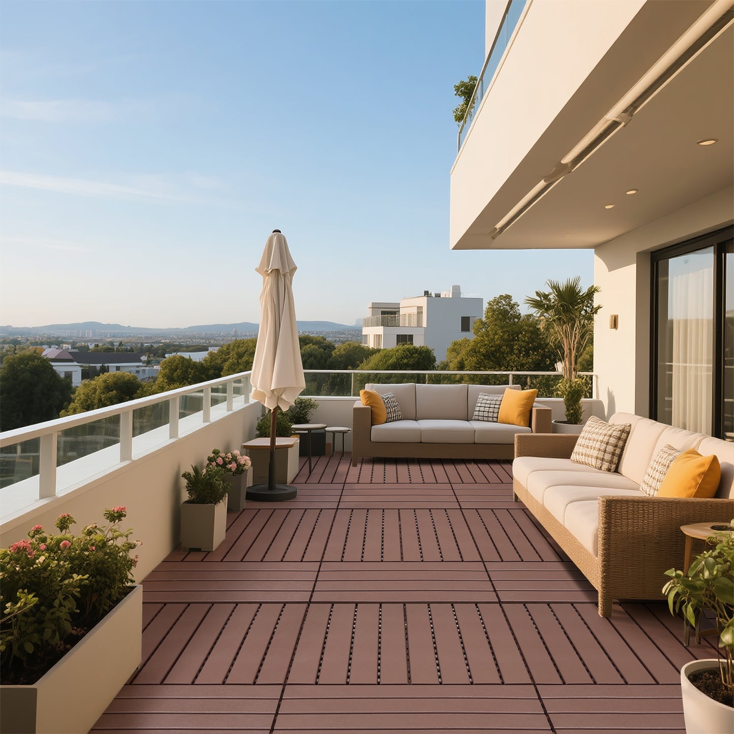 24 pieces of dark gray outdoor terrace deck tiles, DIY interlocking decking floor tiles, easy to install patio tiles, suitable for indoor and outdoor balcony backyard poolside ,Brown