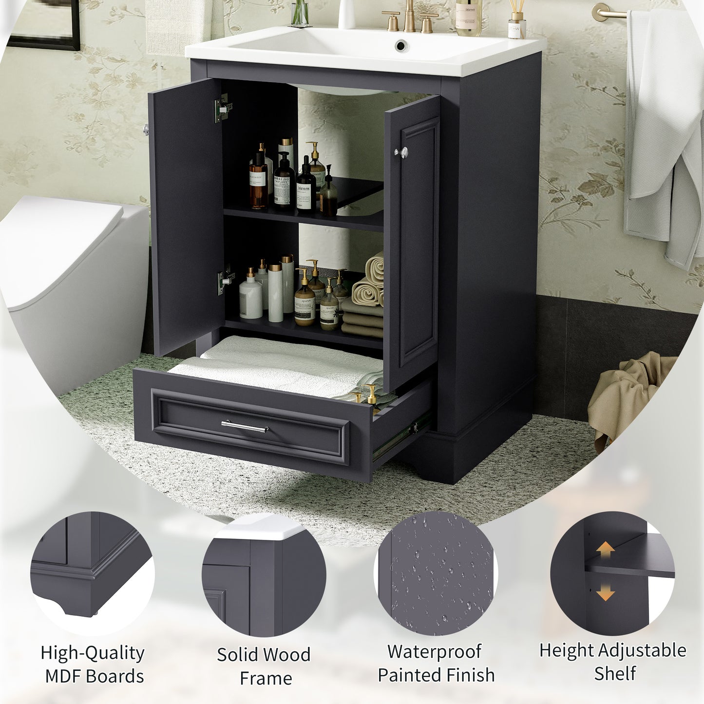 24'' Bathroom Vanity with Ceramic Sink Combo, Modern Freestanding Storage Cabinet  with Silver Handles,  Soft Closing Doors