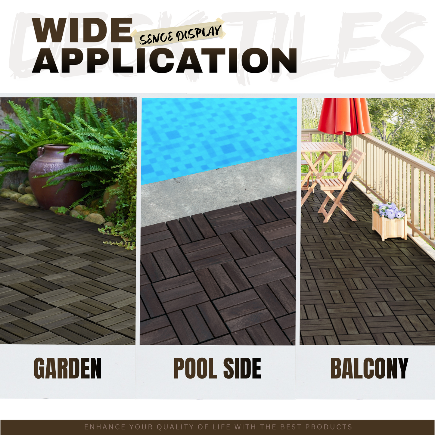 Acacia Wood Interlocking Deck Tiles Checker Pattern, 30 PCS  12" x 12" Dark Brown Square Acacia Hardwood Outdoor Flooring for Patio, Bancony, Pool Side