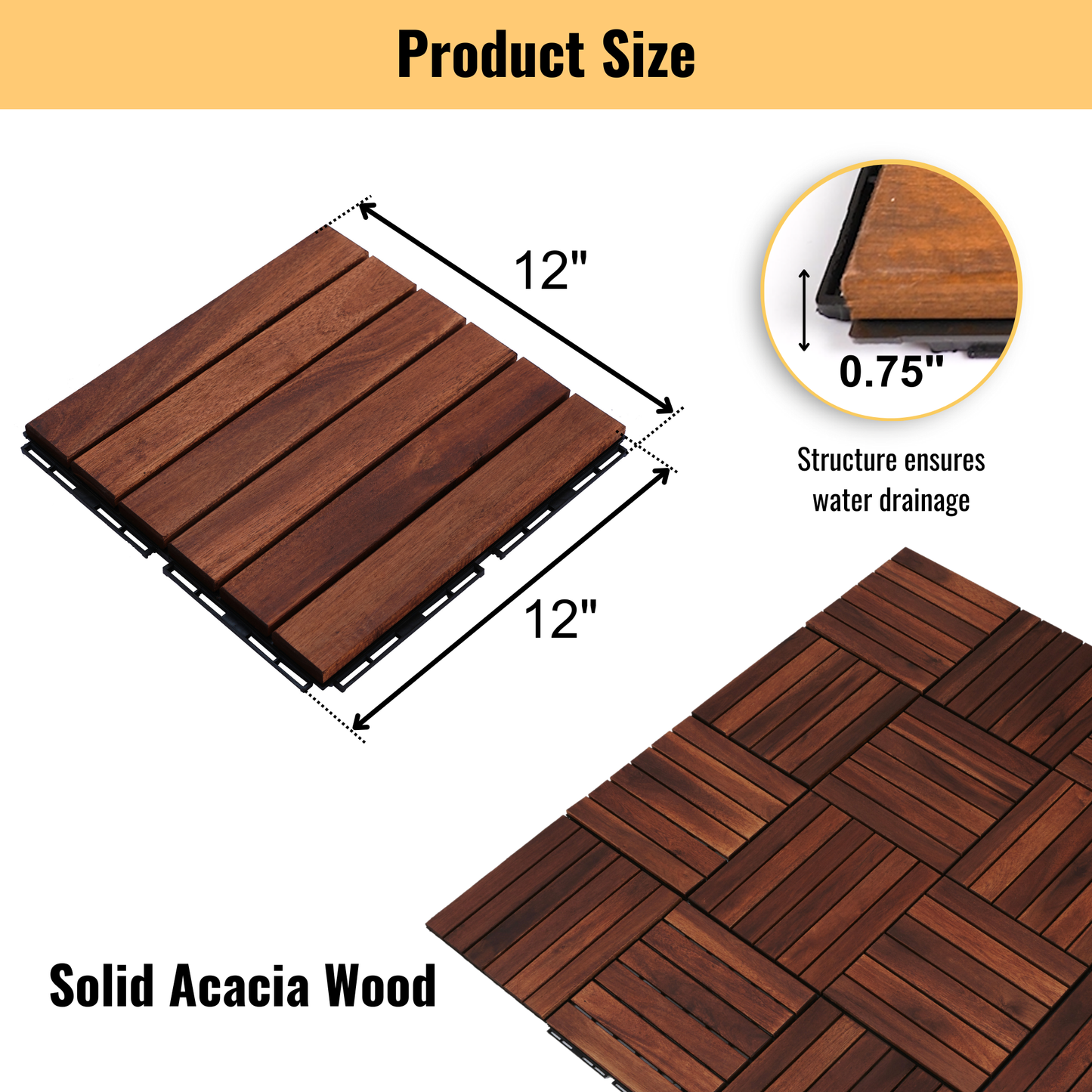 10 PCS Interlocking Deck Tiles Striped Pattern, 12" x 12" Square Acacia Hardwood Outdoor Flooring for Patio, Bancony, Pool Side