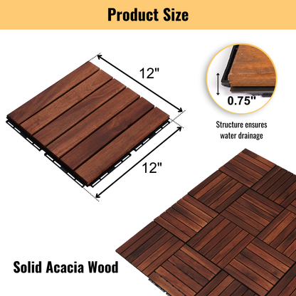 10 PCS Interlocking Deck Tiles Striped Pattern, 12" x 12" Square Acacia Hardwood Outdoor Flooring for Patio, Bancony, Pool Side