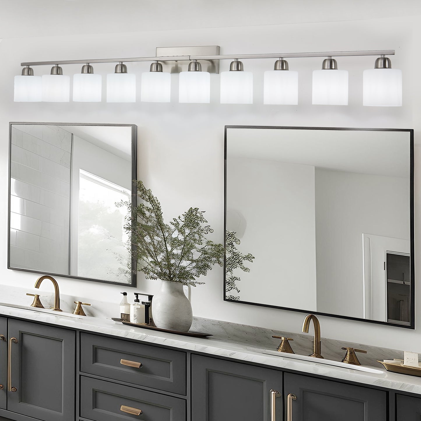 10-Light Bathroom Light Fixtures, 6552inch Nickel Vanity Light with Milky White Glass Shade, Modern Bathroom Wall Lights Over Mirror, Farmhouse Wall Sconces Lighting for Bedroom Living Room