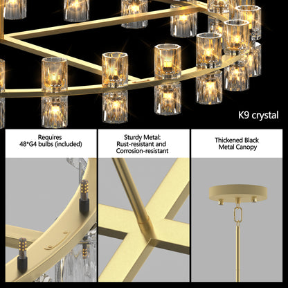 48 Inch Gold Wagon Wheel Chandelier with Crystal Shade, 48 Lights, Modern Farmhouse Style, Ideal for Dining Room, Kitchen, Entryways