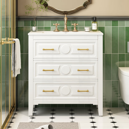 30'' Bathroom Vanity with Ceramic Sink Combo, Free Standing Single Vanity Set with 3 Drawers, Solid Wood Frame Bathroom Storage Cabinet, White