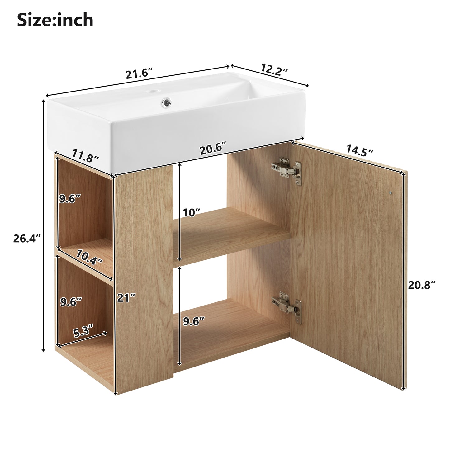 21.6 inch Modern Floating Bathroom Vanity with Ceramic Basin - Perfect for Small Bathrooms, Left side storage