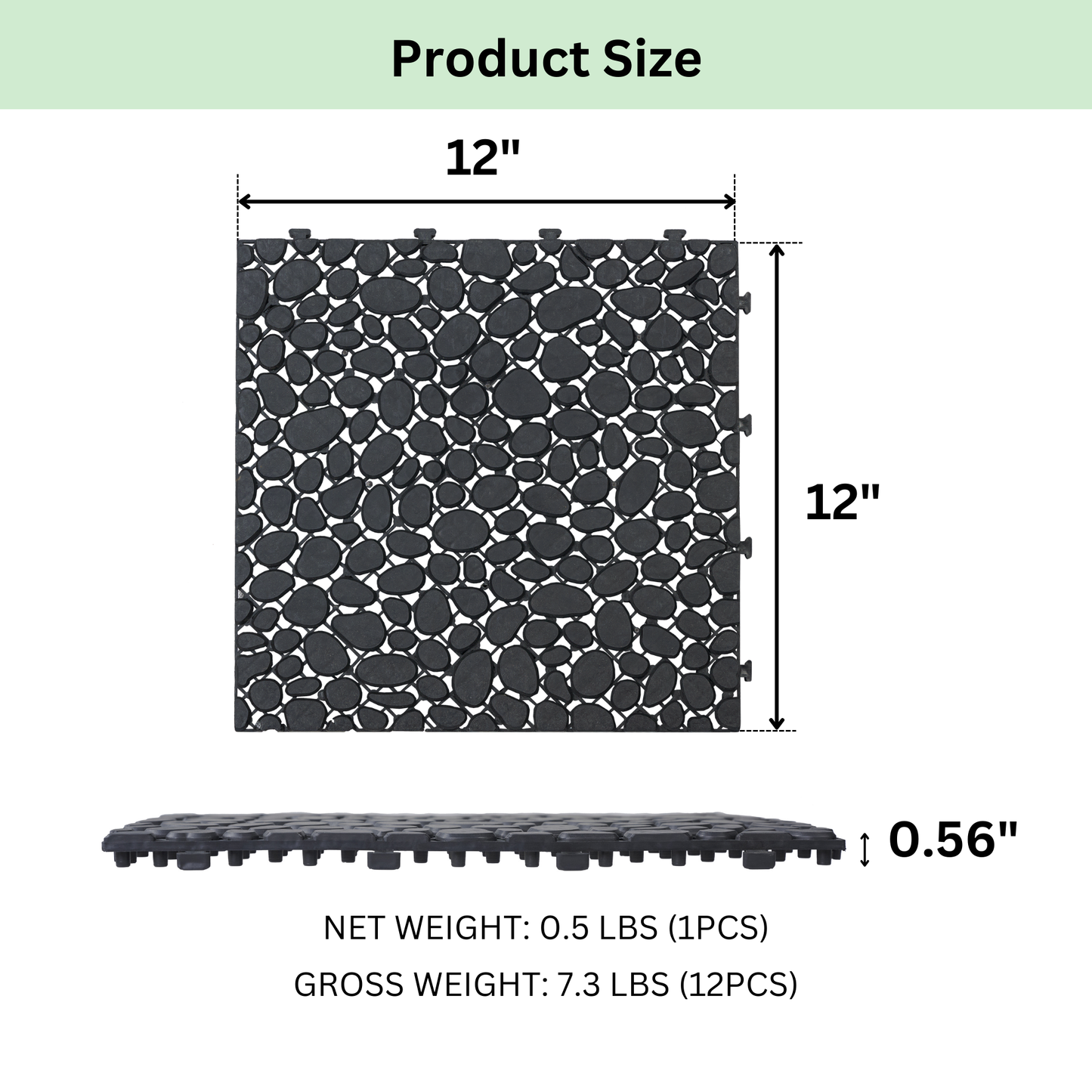 12 x 12 Inch Black Interlocking Deck Tiles Plastic Waterproof Outdoor All Weather Anti-slip Bathroom Shower Balcony Porch Strong Weight Capacity Upto 440 LBS, Pebble Stone Pattern Pack of 12