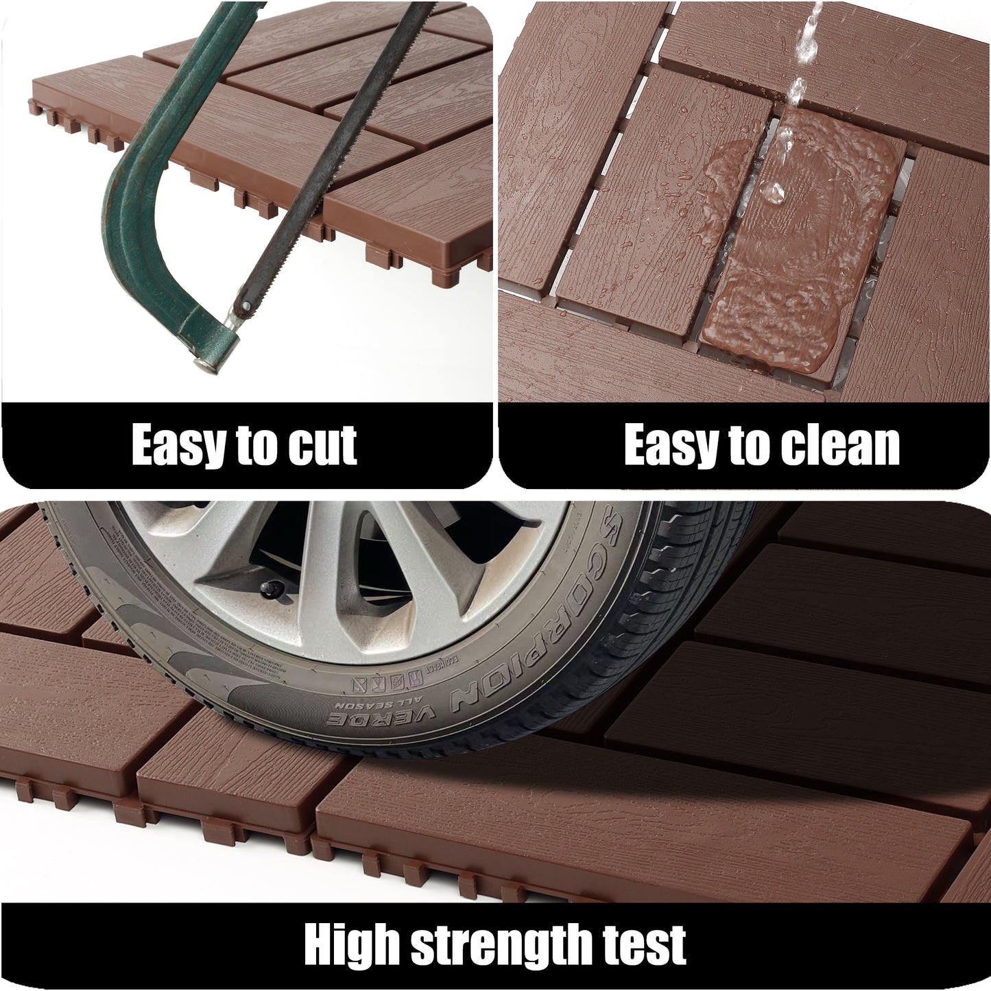12-inch interlocking deck tiles, DIY modular interlocking decking floor tiles, indoor and outdoor floor tiles, courtyard floor tiles that easy to install quickly ,44 pieces, Brown