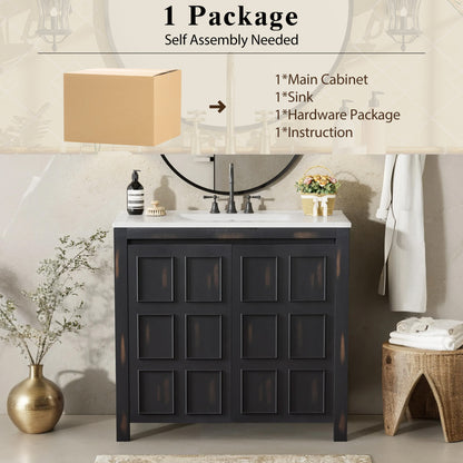 36 " Bathroom Vanity Organizer with Ceramic Sink, Set Bathroom Storage Cabinet, Vintage Espresso