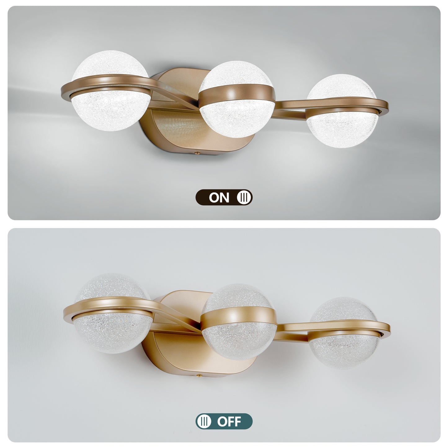 Bathroom Vanity Light, LED 3 Bulb Crystal Sand Acrylic Shades, Wall Mounted Decorative Lighting Fixture, Suitable for Bathroom Vanity Mirror (Champagne Gold)