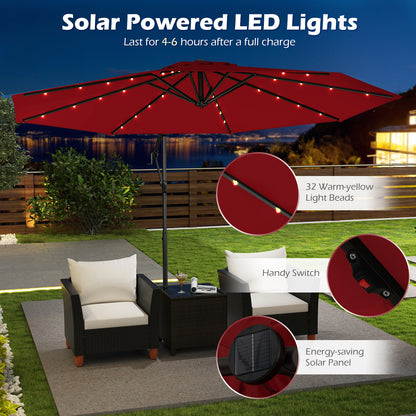 10 Feet Solar Offset Hanging Umbrella with Base and 32 LED Lights-Wine