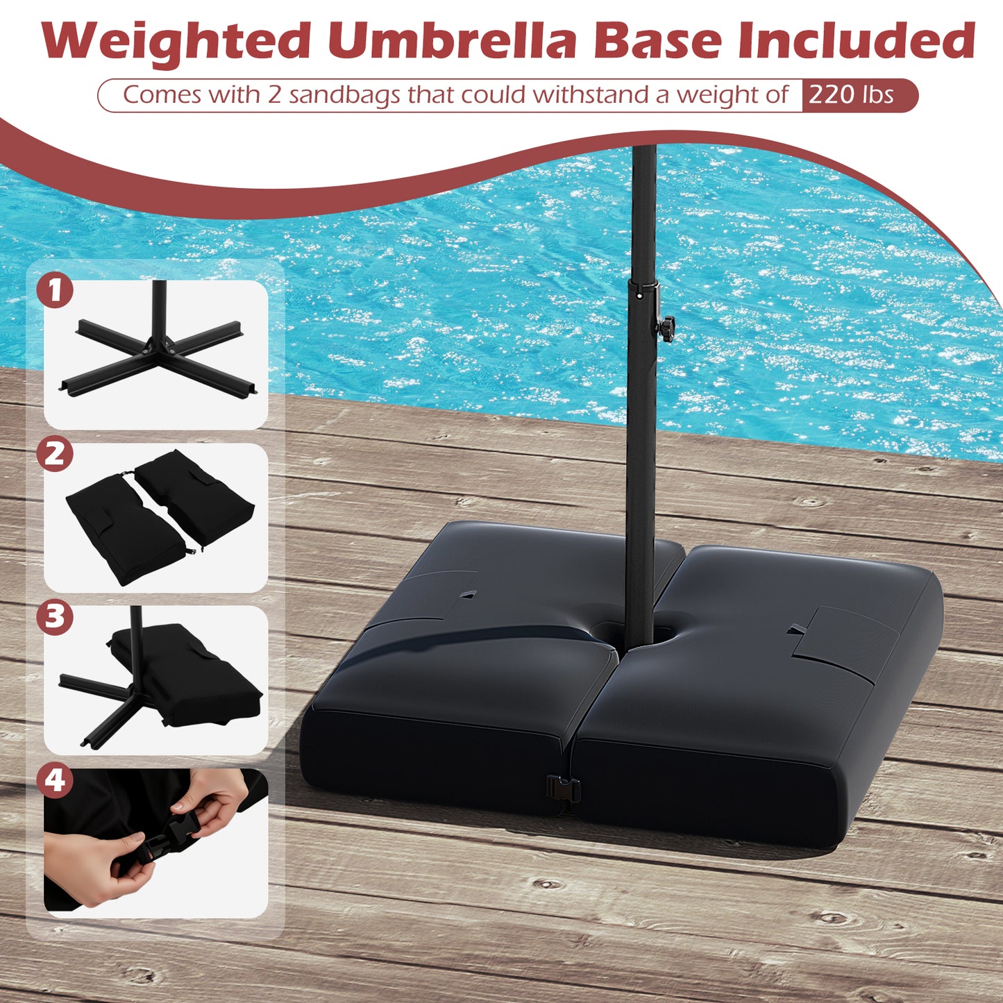 10 Feet Solar Offset Hanging Umbrella with Base and 32 LED Lights-Wine