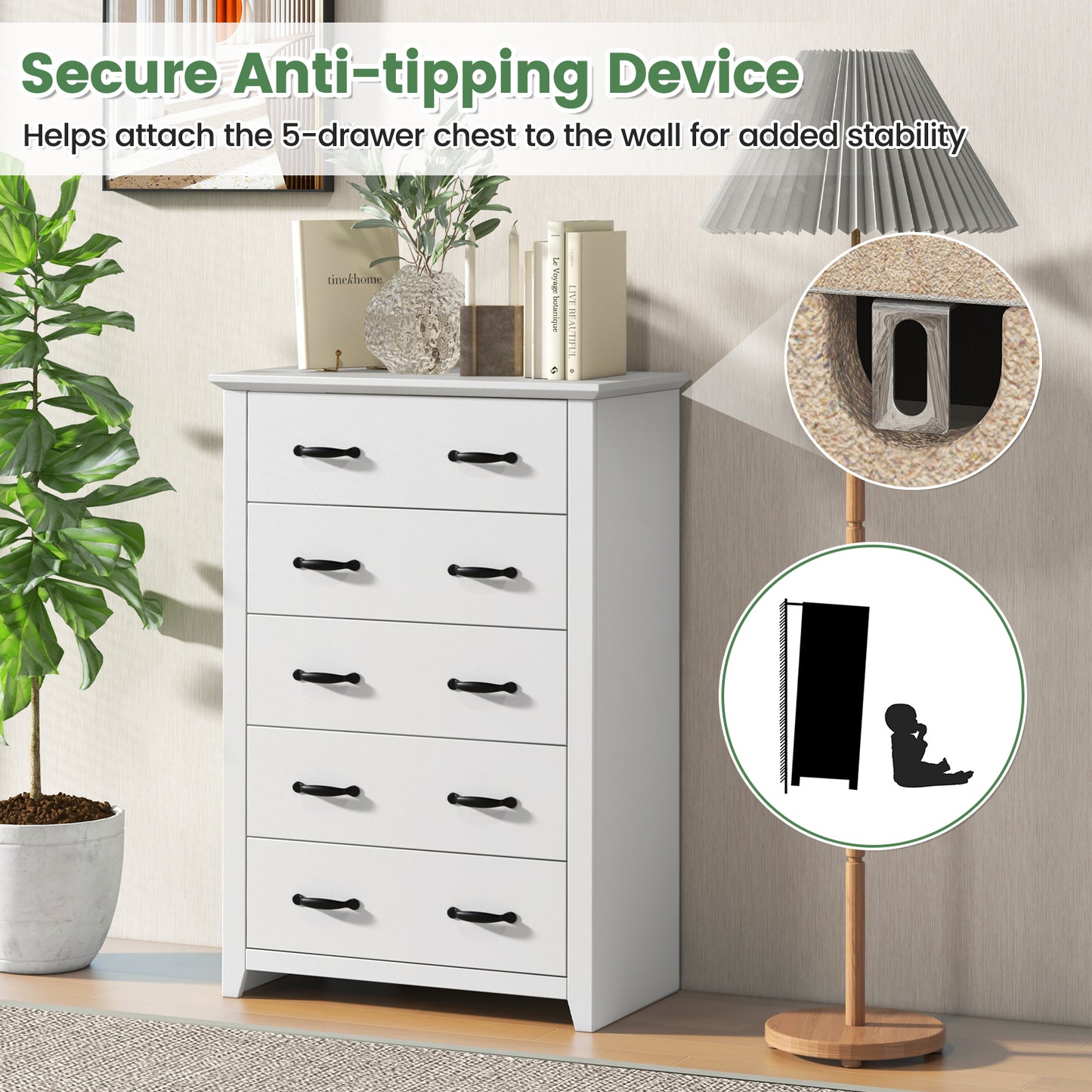 Tall Storage Dresser with 5 Pull-out Drawers for Bedroom Living Room-White