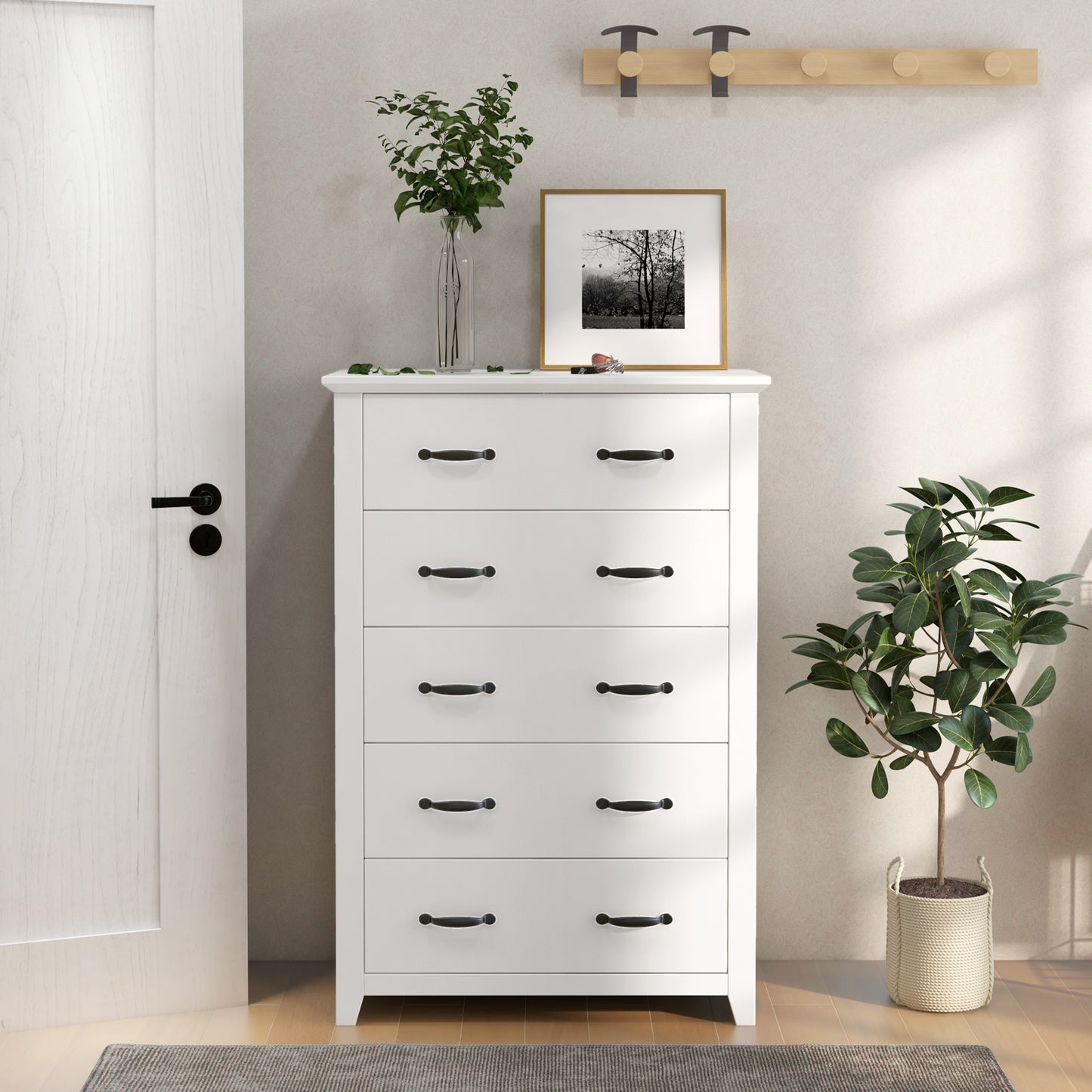 Tall Storage Dresser with 5 Pull-out Drawers for Bedroom Living Room-White