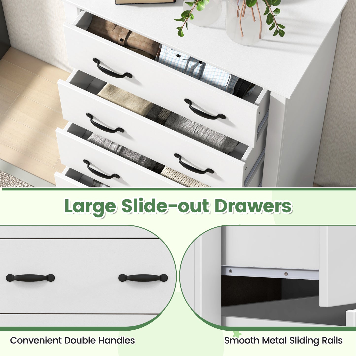 Tall Storage Dresser with 5 Pull-out Drawers for Bedroom Living Room-White
