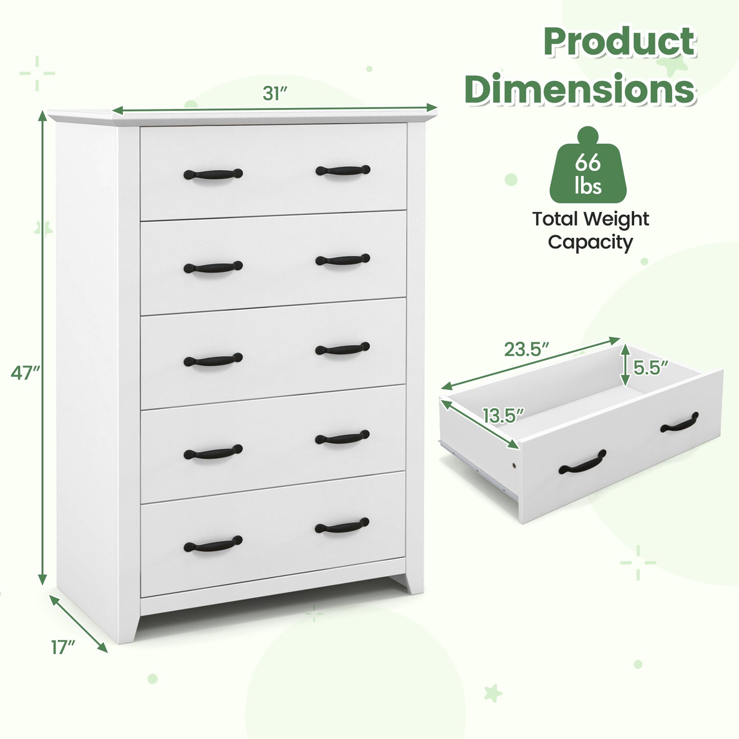 Tall Storage Dresser with 5 Pull-out Drawers for Bedroom Living Room-White